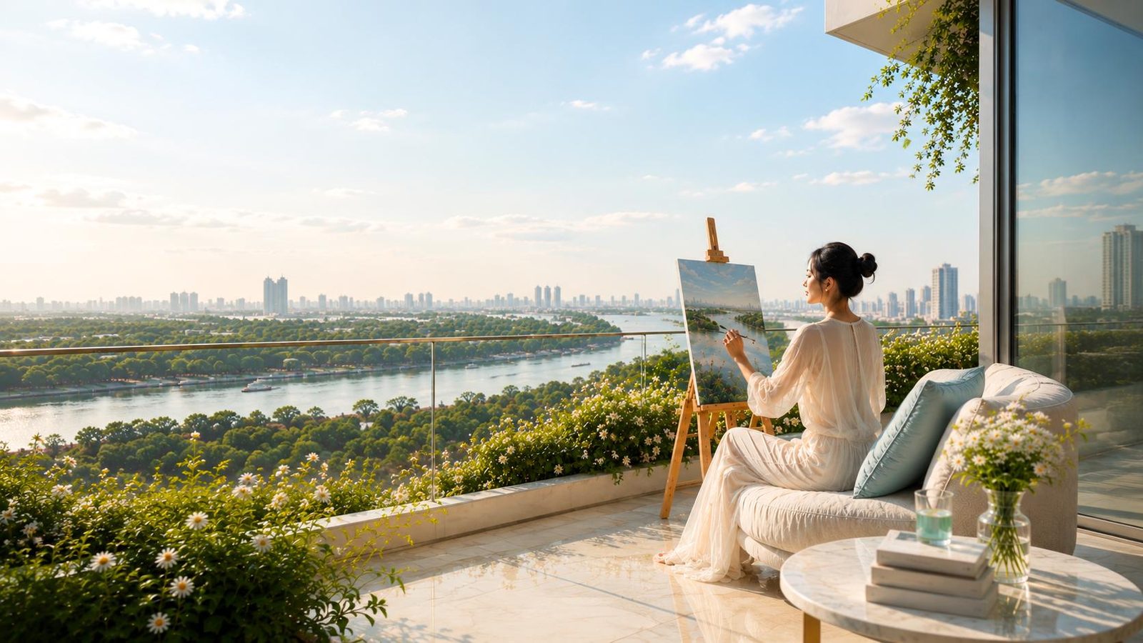 Phòng khách căn hộ Gladia Heights mở ra ban công view sông