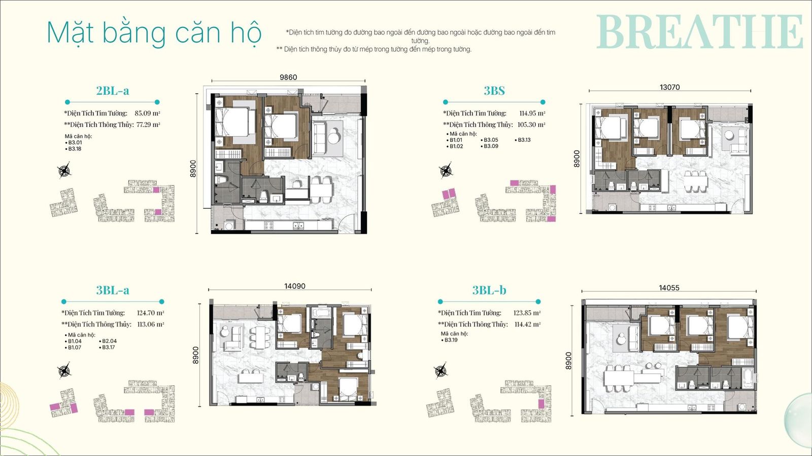 Mặt bằng chi tiết các loại căn hộ Gladia Heights 2PN và 3PN
