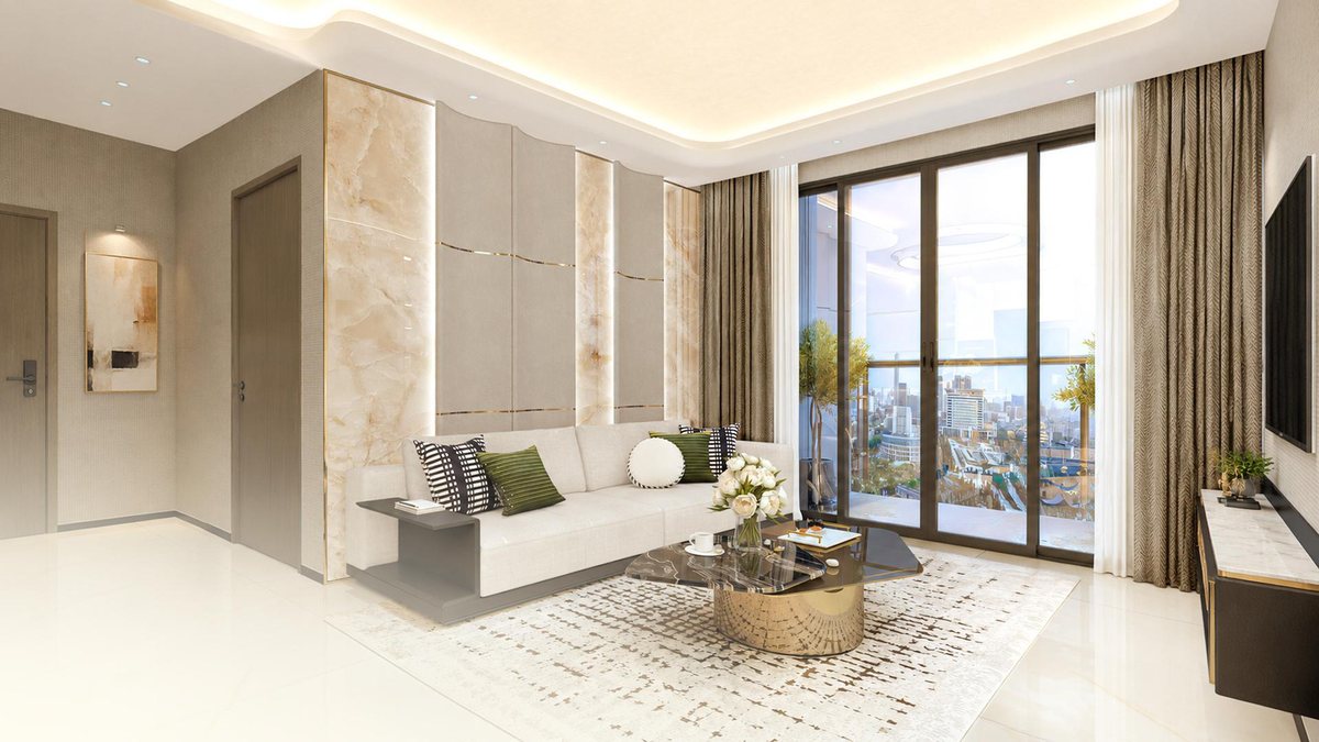 Phòng khách căn hộ mẫu Gladia Heights view sông