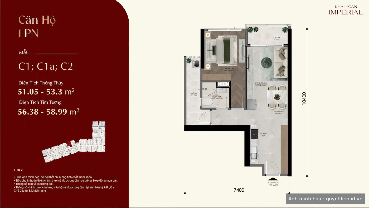 Layout căn hộ 1 phòng ngủ Khải Hoàn Imperial