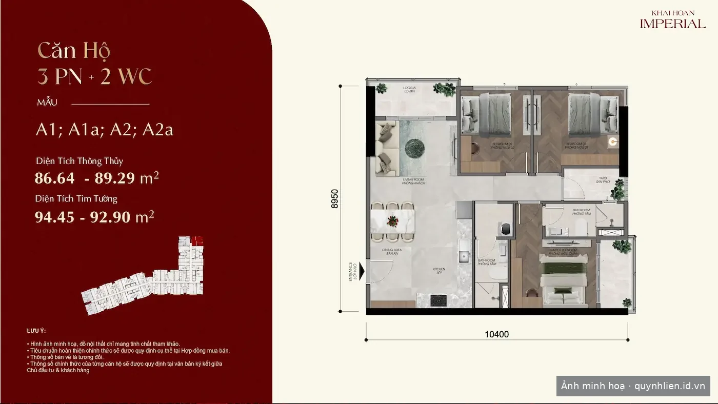 Layout căn hộ 3 phòng ngủ 2 WC Khải Hoàn Imperial